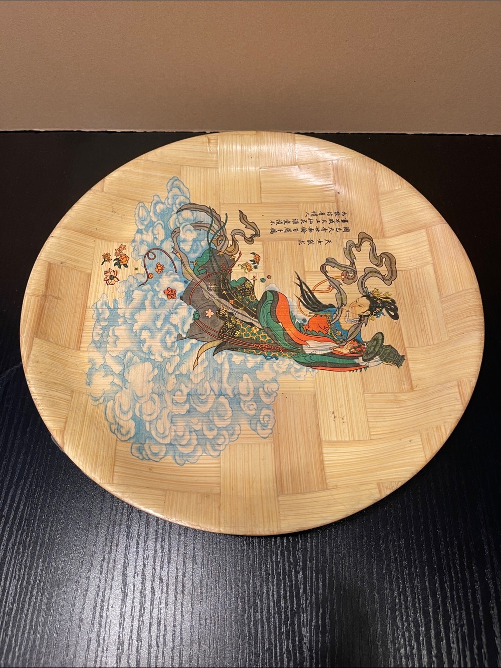 Handpainted Bamboo Wall Art Plate in Natural and Blue, plus 6 small plates
